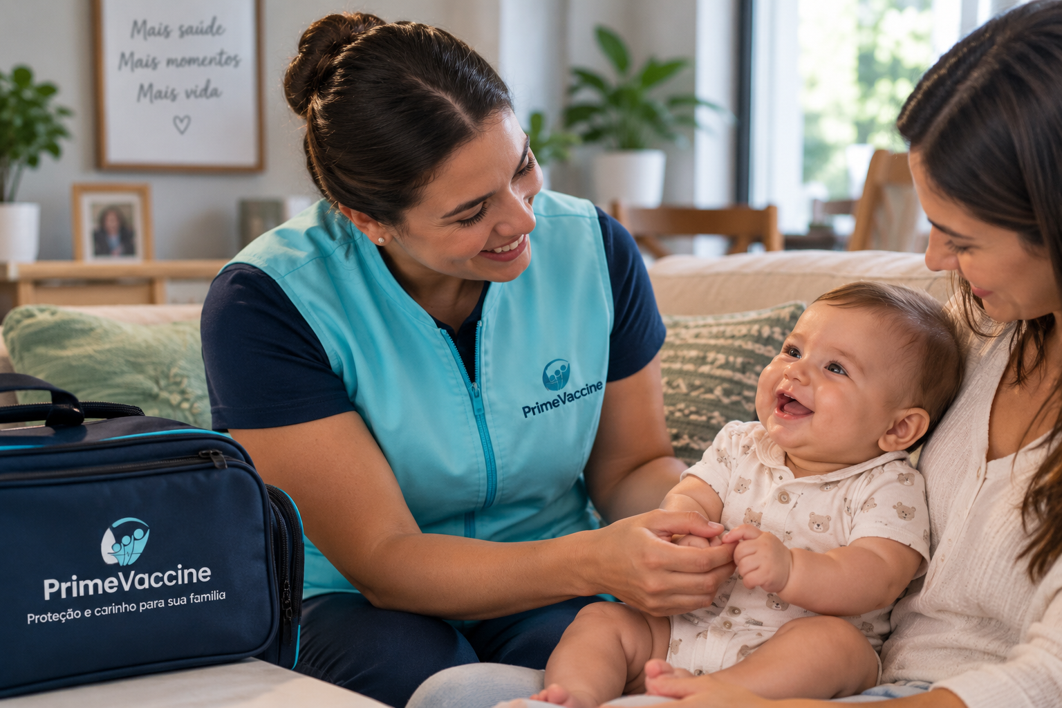 Profissional uniformizada da Prime Vaccine interagindo com bebê no colo da mãe durante atendimento domiciliar, com a bolsa térmica da clínica ao lado