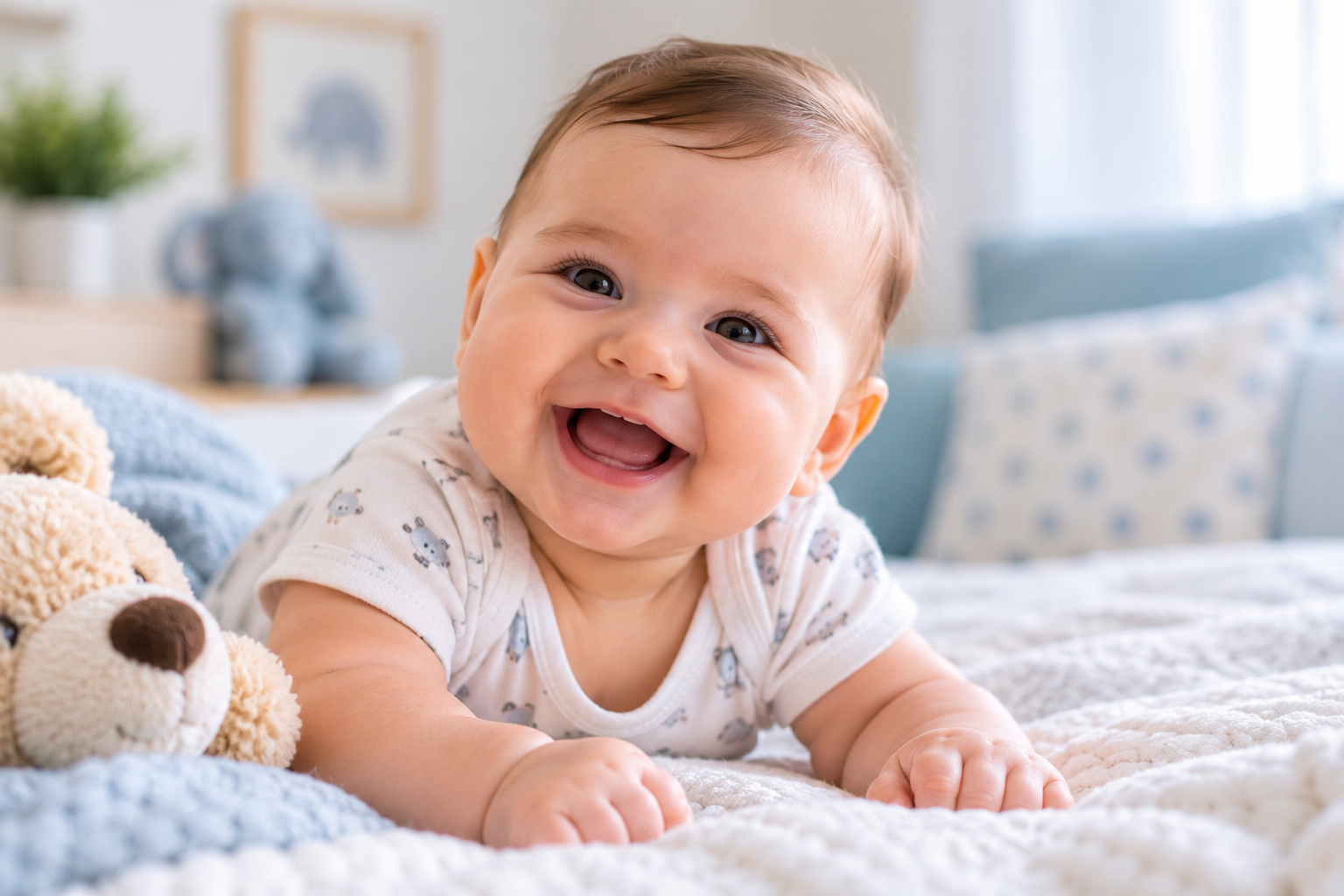 Bebê sorrindo deitado sobre a cama, ilustrando o Plano Vacinal de 2 a 6 meses da Prime Vaccine